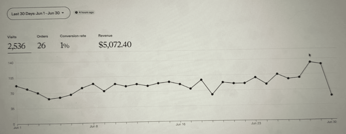 Mağaza istatistiği: Haziran ayı, 2.536 ziyaret, 26 sipariş, %1 dönüşüm, $5.072,40 ciro